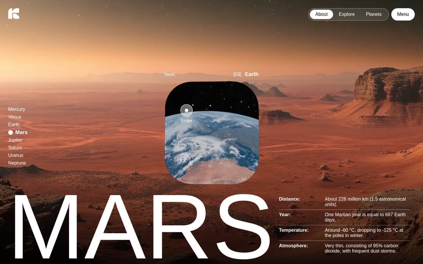 Planet Jumping concept website, home page